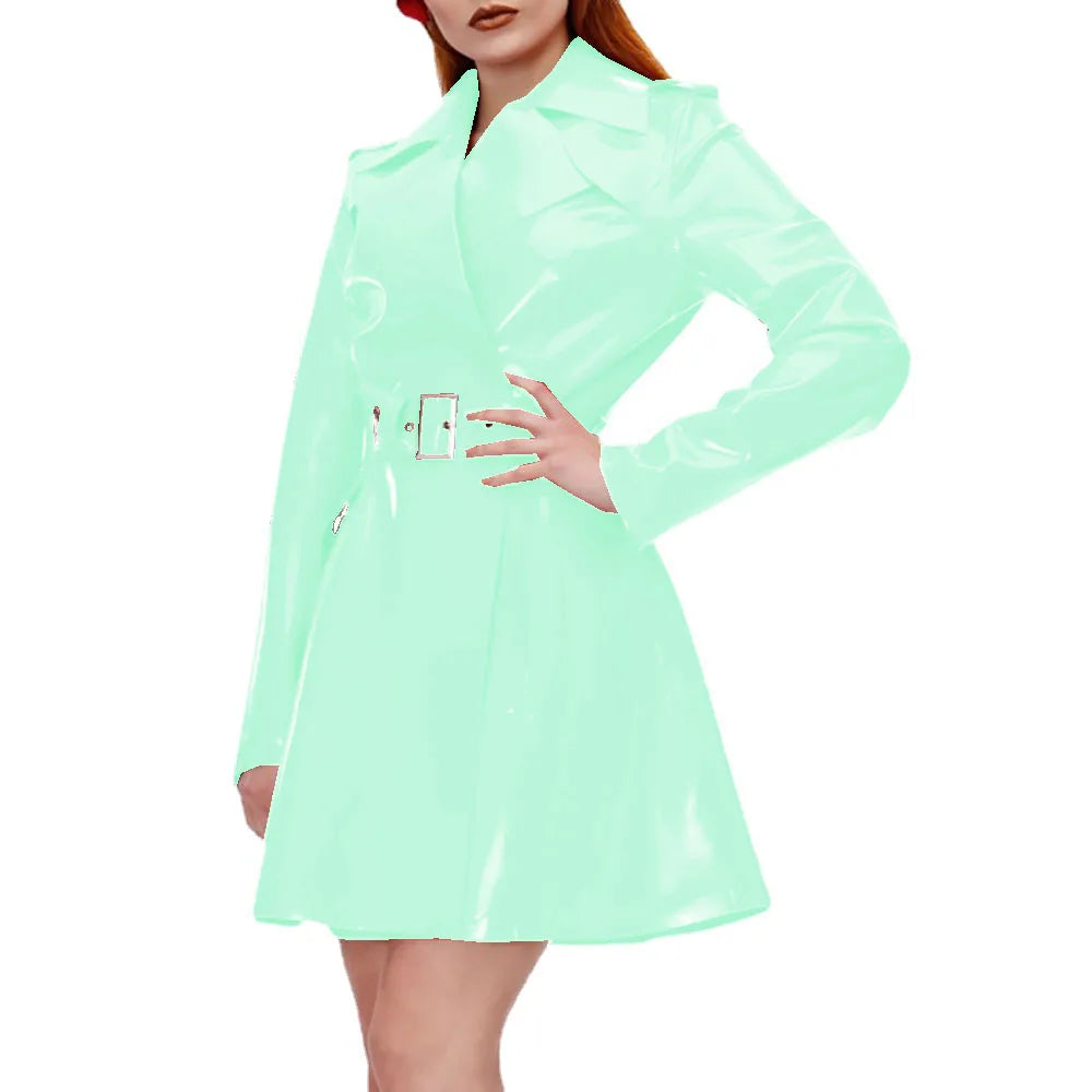 Women's Shiny PVC Leather Belted Trench Coat, Turn-down Collar Coats, Large Size, Latex Look Jackets