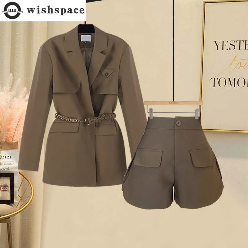 Women's Suit Belt Decorative Jacket Blazer Slim Shorts Two-piece Elegant Women's Pants Suit   Outfits