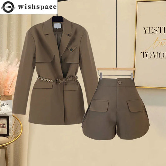 Women's Suit Belt Decorative Jacket Blazer Slim Shorts Two-piece Elegant Women's Pants Suit   Outfits
