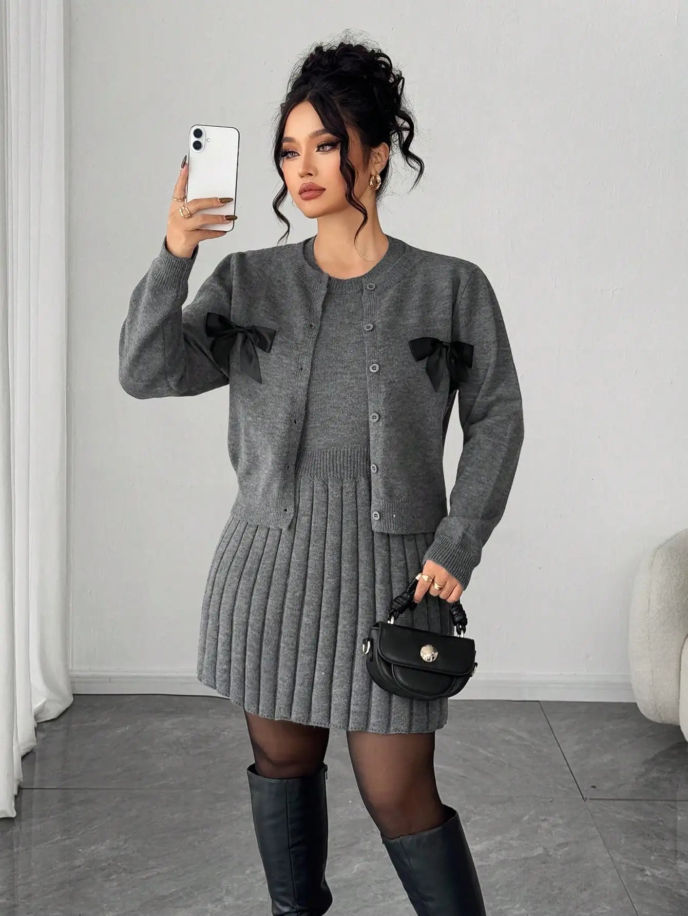 Gray Knit Pleated Skirt Set with Bow-Trimmed Cardigan, Loose Fit