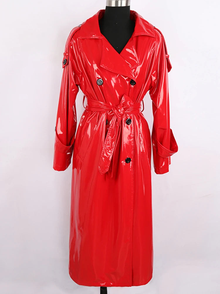 Autumn Long Red Waterproof Shiny Reflective Patent Leather Trench Coat for Women