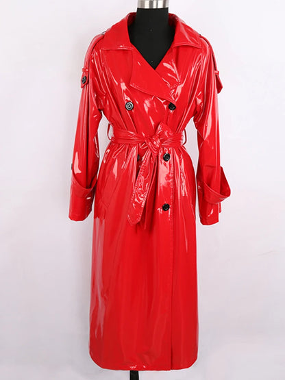 Autumn Long Red Waterproof Shiny Reflective Patent Leather Trench Coat for Women