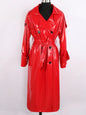 Autumn Long Red Waterproof Shiny Reflective Patent Leather Trench Coat for Women