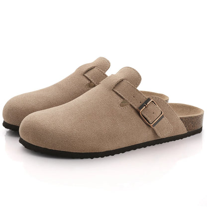 Women's Suede Mules Slippers Men Clogs Cork Insole Sandals With Arch Support