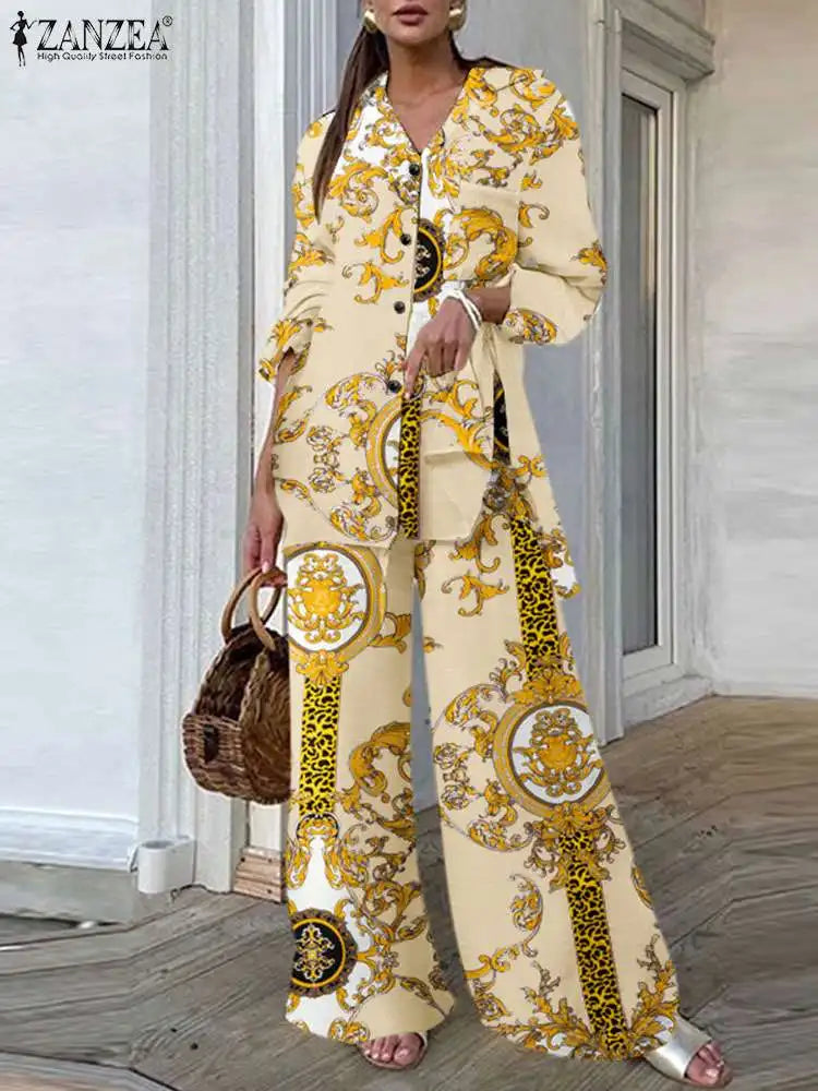 Casual Loose Vintage Printing 2pcs Pantsuits Side Slit Long Shirt