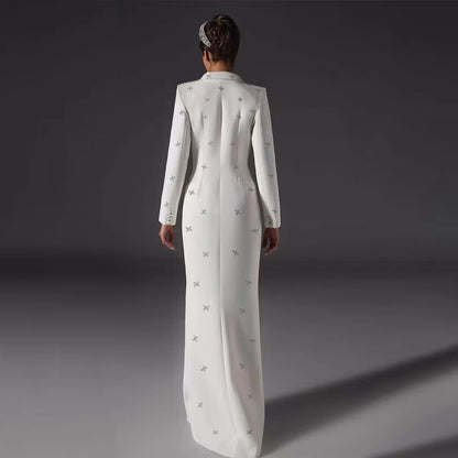 Women Long Blazer Dress Crystal Beading V Neck Jacket