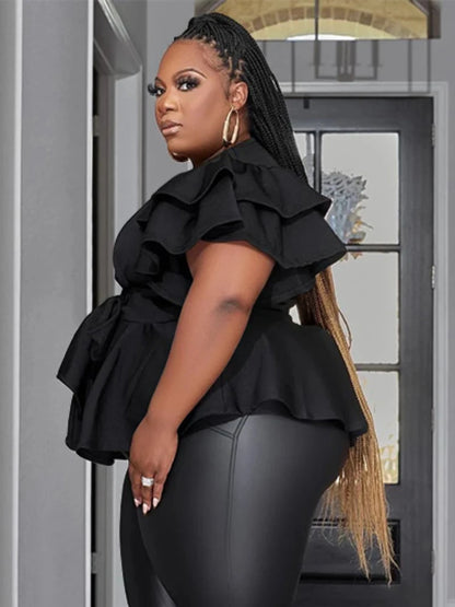 Women Plus Size Tops Elegant Deep V Neck Ruffles Shirts