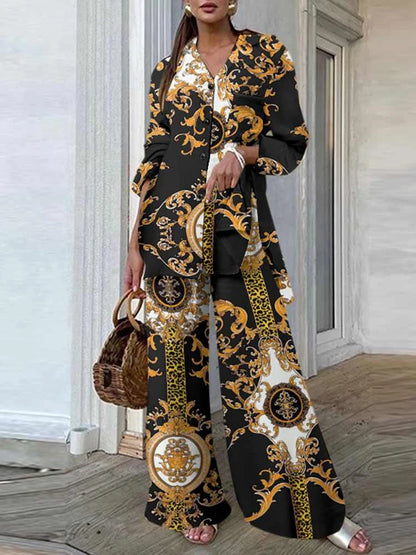 Casual Loose Vintage Printing 2pcs Pantsuits Side Slit Long Shirt