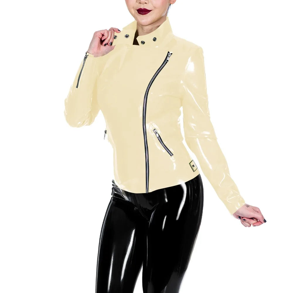 Glossy Leather Motorcycle Jacket for Women Long Sleeve Gothic Punk Style Coat