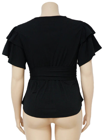 Women Plus Size Tops Elegant Deep V Neck Ruffles Shirts