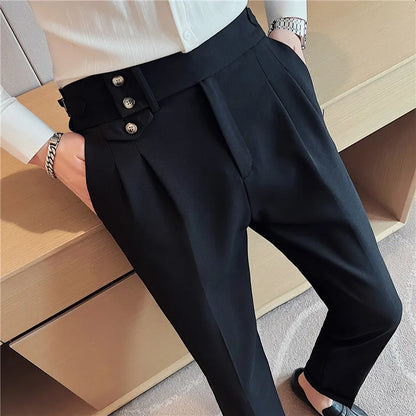 High Waist Men Suit Pants 2023 British Style Casual Dress Pants Men Slim Fit Trousers Formal Office Wedding Party Pantalon Homme