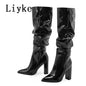 Autumn Winter Pleated Patent Leather Knee High Boots Slip On Motorcycle Shoes Women Square Heels