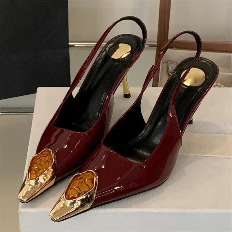 Elegant Street Style Design Metal Square Head Diamonds Woman Pumps