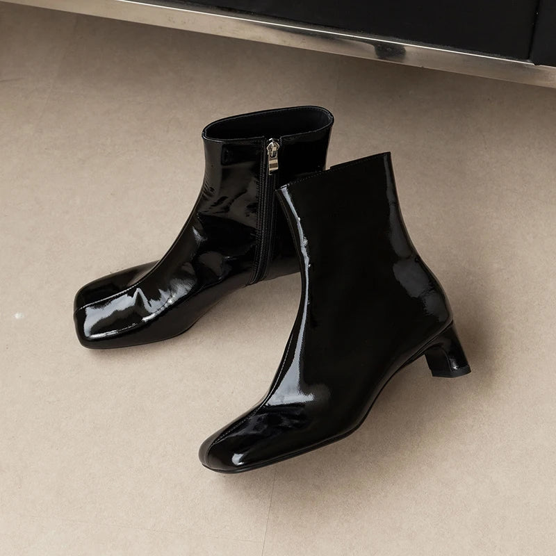 Genuine Leather Square Toe Ankle Boots
