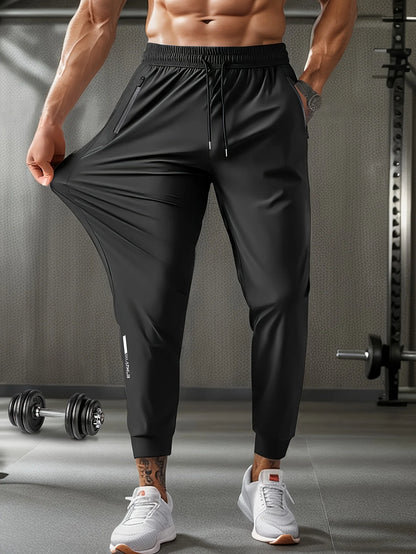 Men's Waist Drawstring Quick-drying High Elasticity Solid Color Sports  Long Pants With Zipper Pockets