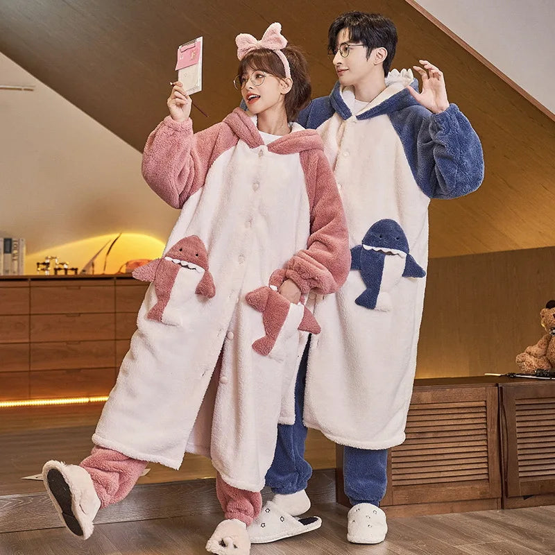 Coral Velvet Pajamas for Women Men Winter Thickened Plush Long Sleeve Hooded Bath Robe with Trousers