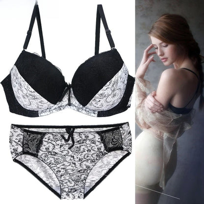 plus Size Bra Set  Full Cup Wireless Push up Bra And Briefs Combo Floral Print Fabric Breathable