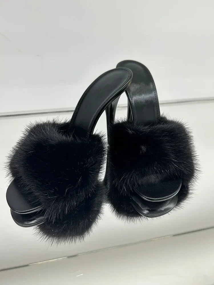 Mink fur high heels for women, sexy fish mouth leather party sandals for women