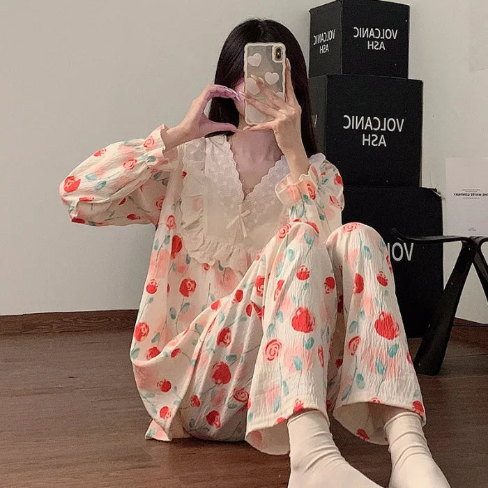Women`s Lace Flower 2 Piece Pajamas Set V-neck Ruffled Nightwear Clothes