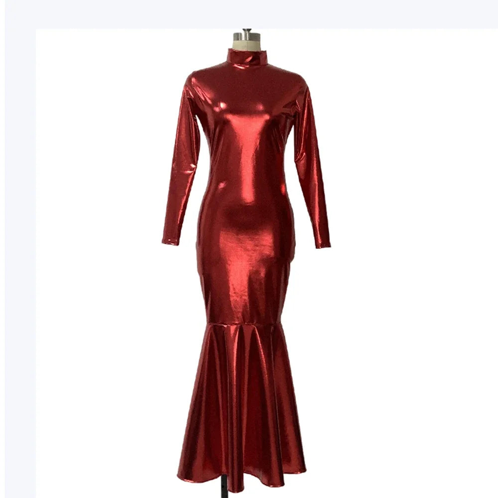 Shiny Metallic Party Evening Gown Dress High Neck Long Sleeve Mermaid Dress