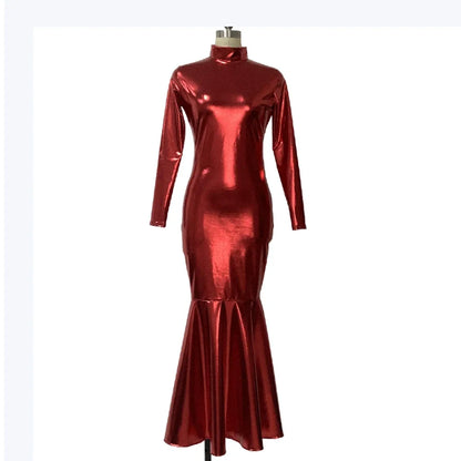 Shiny Metallic Party Evening Gown Dress High Neck Long Sleeve Mermaid Dress