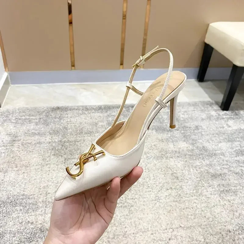 White Elegant Women's Stilettos Summer Fashion Sandals with Metal Buckle Baotou Pointed Back Design