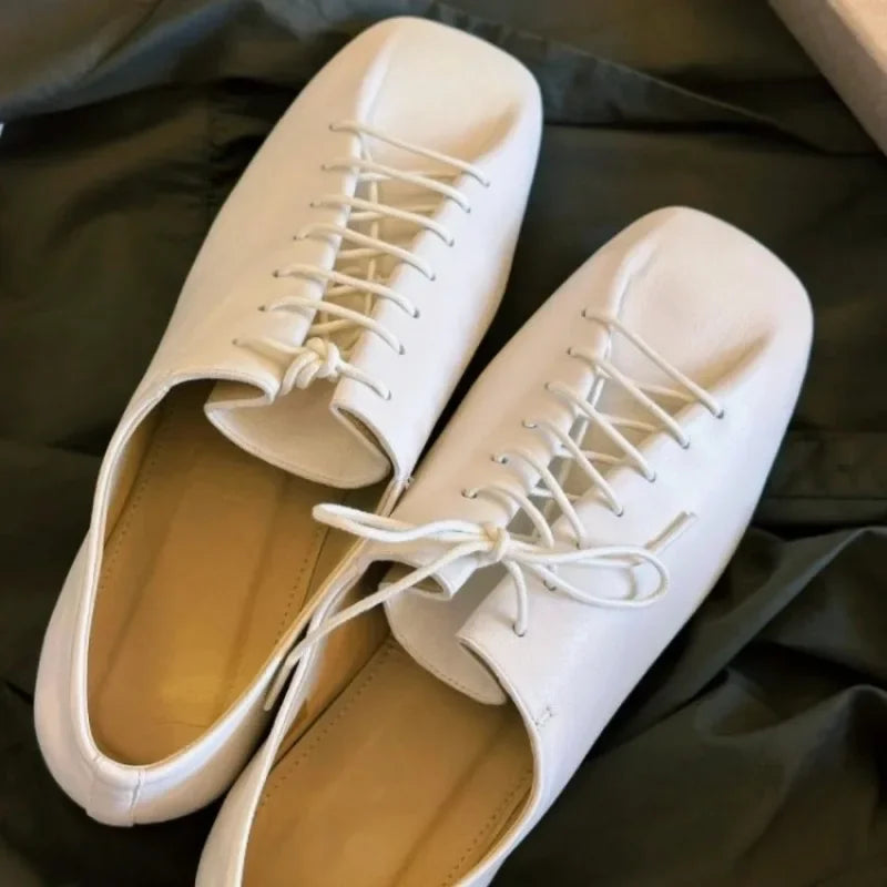 French Retro Pleated Cross Tie Flat Bottom Soft Leather Shoe  New Square Headed Strap Single Shoes