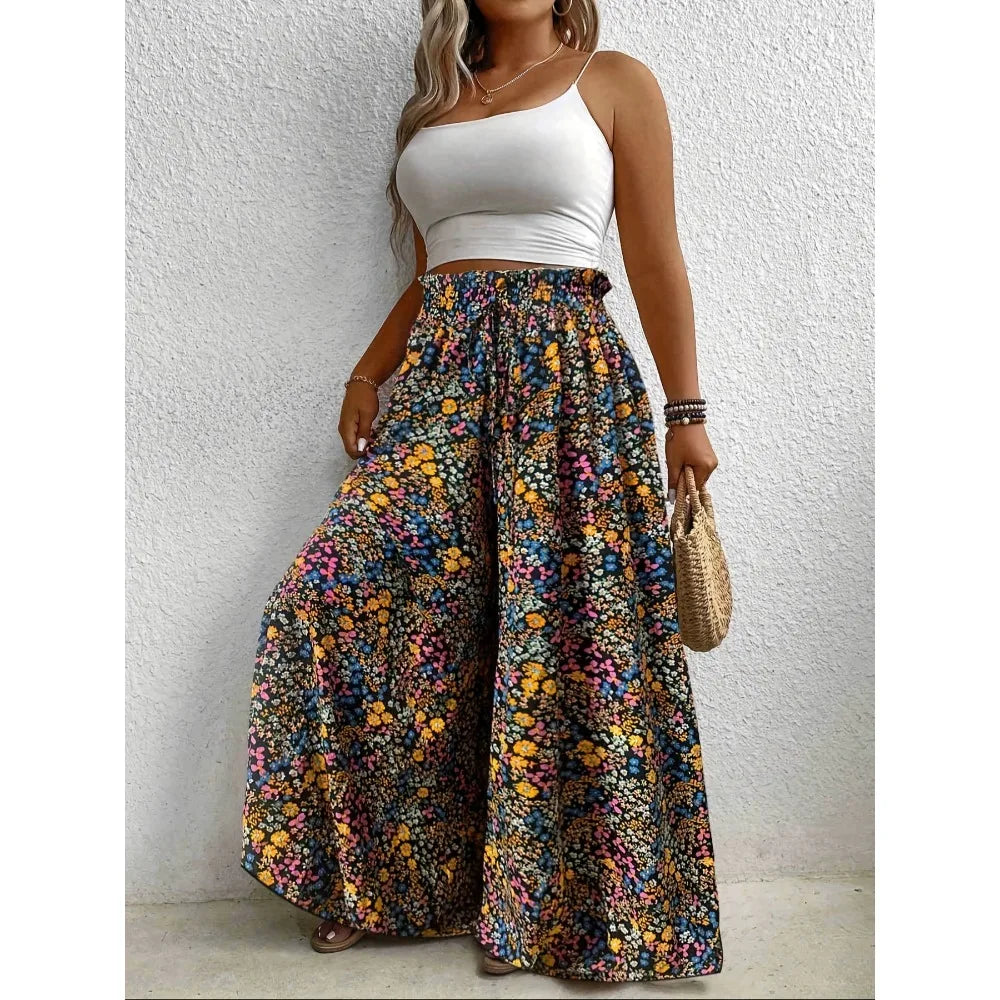 Plus Size 1XL-5XL Women Fashion Floral Print Wide Leg Pants