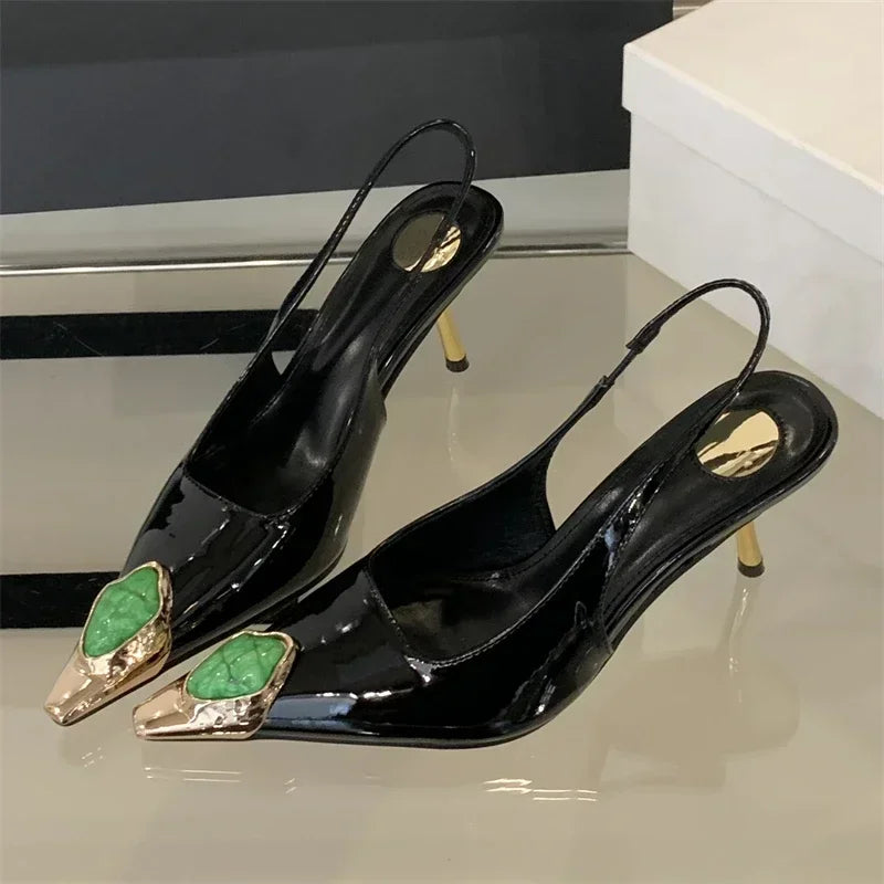 Elegant Street Style Design Metal Square Head Diamonds Woman Pumps