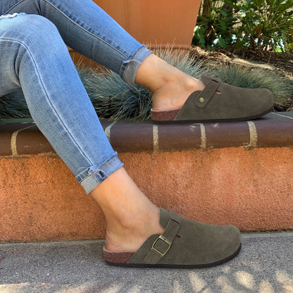 Women's Suede Mules Slippers Men Clogs Cork Insole Sandals With Arch Support