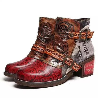 Fashion Vintage Splicing Printed Ankle Boots