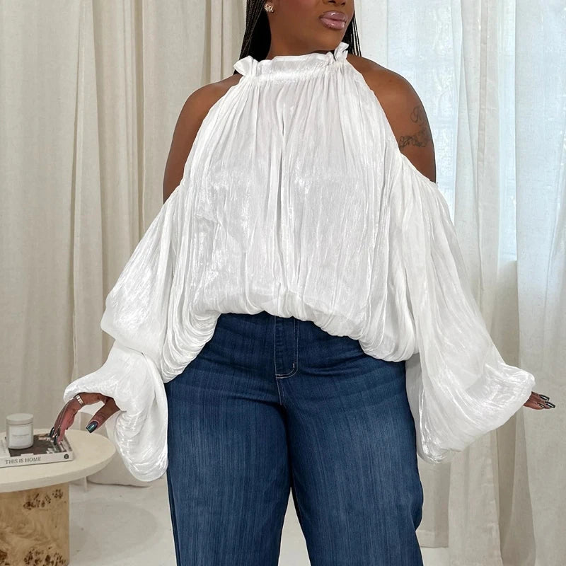 Shiny Plus Size Blouse Women Halter Neck Loose Long Lantern Sleeve Sexy Casual Holiday Evening Party Shirt