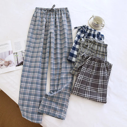 Spring and Autumn Men's Sleeper Pants 100% Cotton Checkered Pants Elastic Waist Home Pants Sleepwear