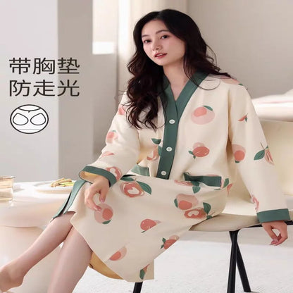 Spring and Autumn Women Nightdress With Chest Pad Femme Cotton Nightwear