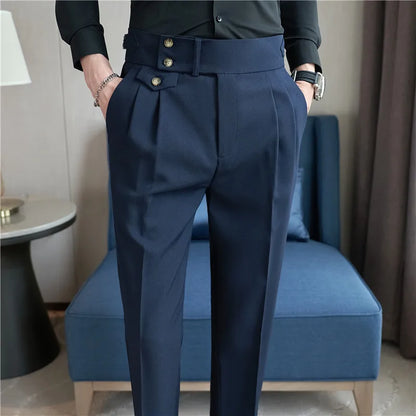 High Waist Men Suit Pants 2023 British Style Casual Dress Pants Men Slim Fit Trousers Formal Office Wedding Party Pantalon Homme