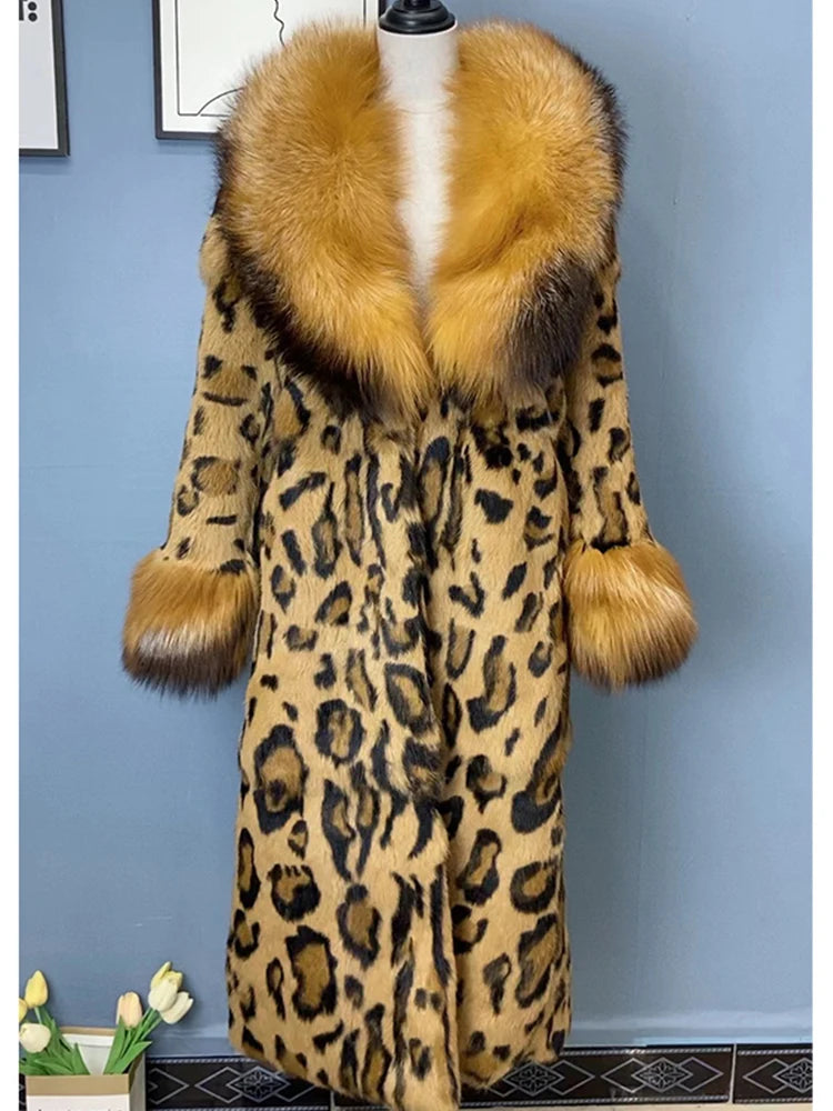 Women Fox Lapel Collar Natural Whole Skin Genuine Fur Long Jacket Real Rabbit Fur Leopard Print Overcoat