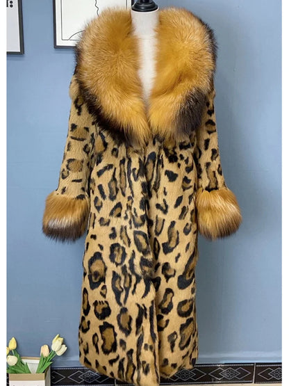 Women Fox Lapel Collar Natural Whole Skin Genuine Fur Long Jacket Real Rabbit Fur Leopard Print Overcoat