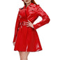 Women's Shiny PVC Leather Belted Trench Coat, Turn-down Collar Coats, Large Size, Latex Look Jackets