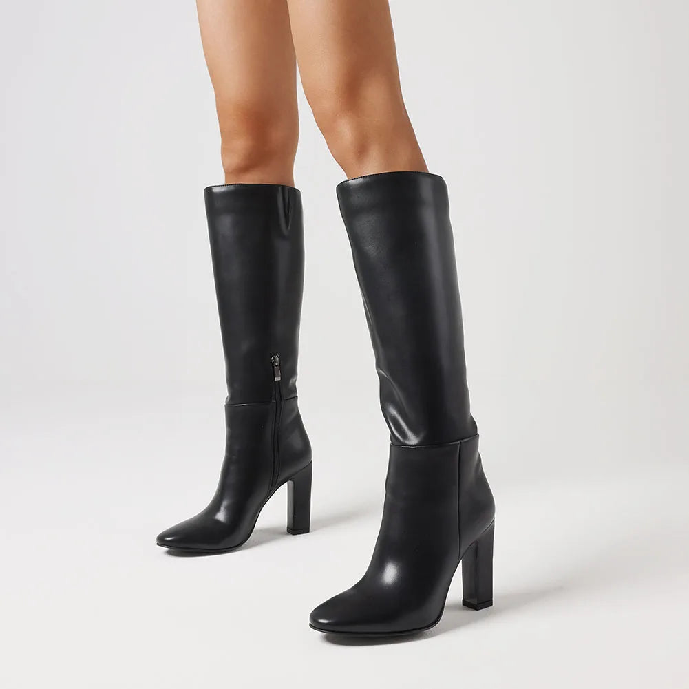 Women's solid knee high boots fashion zipper thick high heels square toe