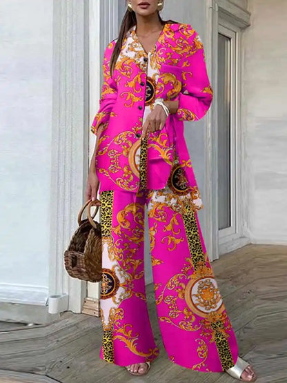 Casual Loose Vintage Printing 2pcs Pantsuits Side Slit Long Shirt