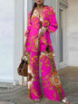 Casual Loose Vintage Printing 2pcs Pantsuits Side Slit Long Shirt
