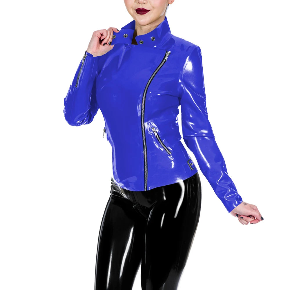 Glossy Leather Motorcycle Jacket for Women Long Sleeve Gothic Punk Style Coat