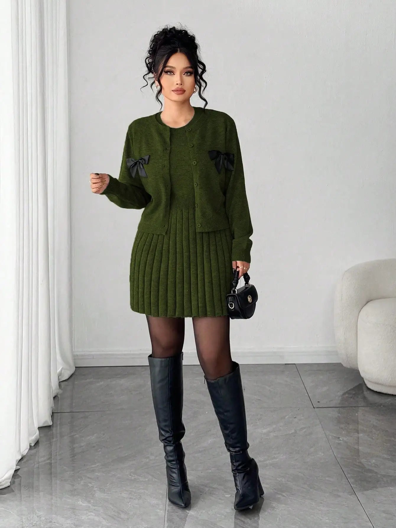 Gray Knit Pleated Skirt Set with Bow-Trimmed Cardigan, Loose Fit