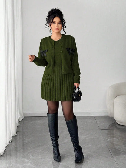 Gray Knit Pleated Skirt Set with Bow-Trimmed Cardigan, Loose Fit
