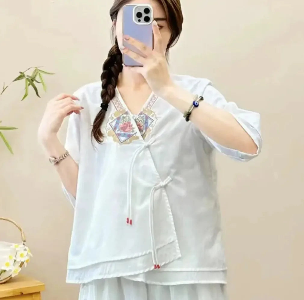 Casual Loose Blouse Shirt Women  Vintage Embroidery Woman Shirt