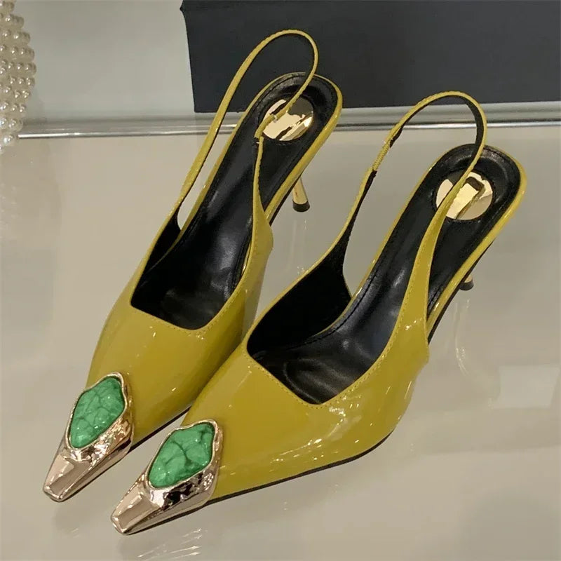 Elegant Street Style Design Metal Square Head Diamonds Woman Pumps