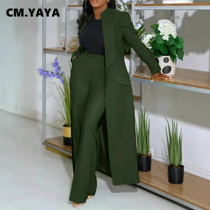 Women's Set Full Sleeve X-Long Blazer Coat+ Long Pant Suit