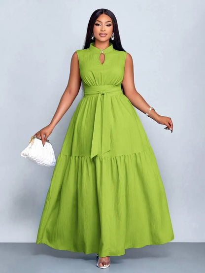 Plus Size Orange Stand Collar Sleeveless Cinched Waist Tiered Maxi Dress Casual Wear