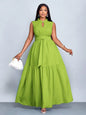Plus Size Orange Stand Collar Sleeveless Cinched Waist Tiered Maxi Dress Casual Wear