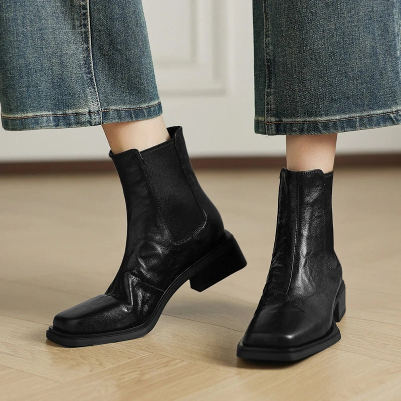 Women Genuine Leather Boots Square Toe Chunky Heel  Slip-on Modern Boots